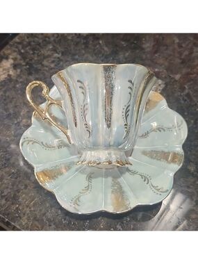 Vintage Iridescent Lustreware Blue Gold Cup & Saucer Hand Decorated Japan